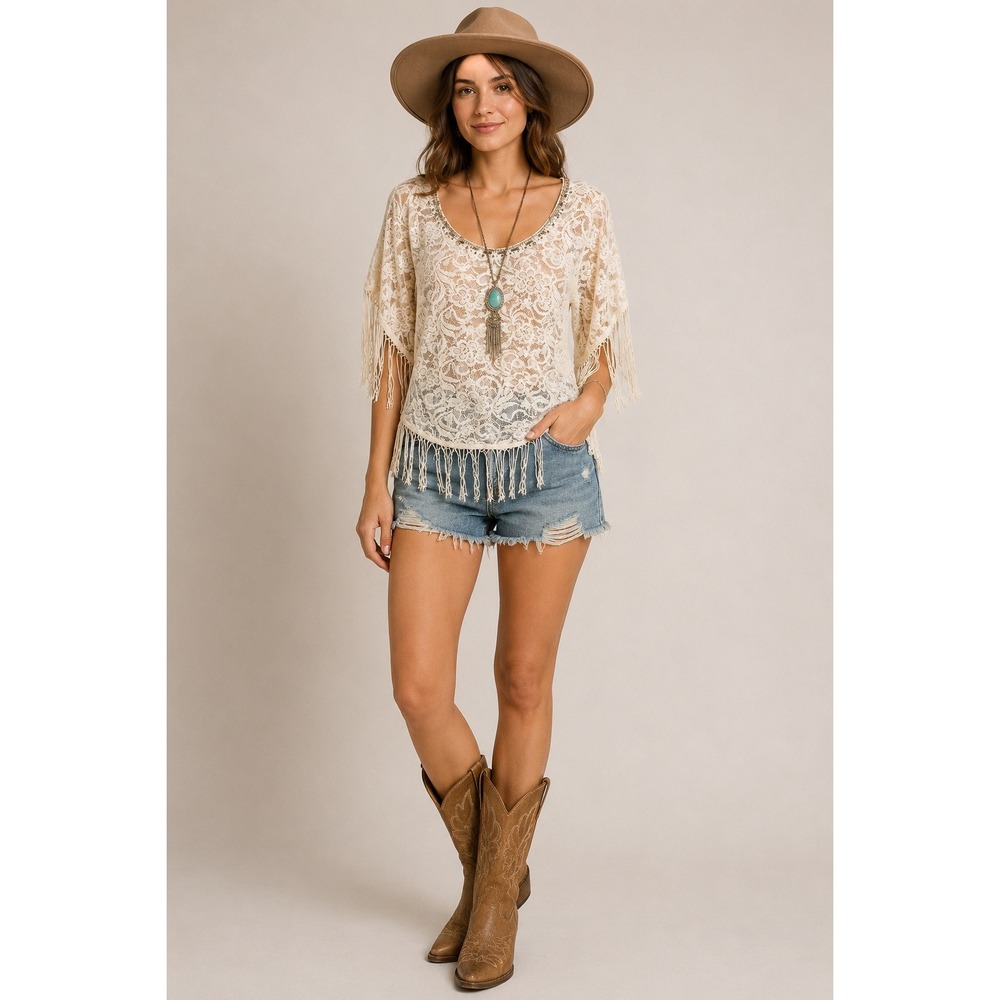 Boho Western Lace Fringe Festival Top Cowgirl Rodeo Blouse Medium BKE